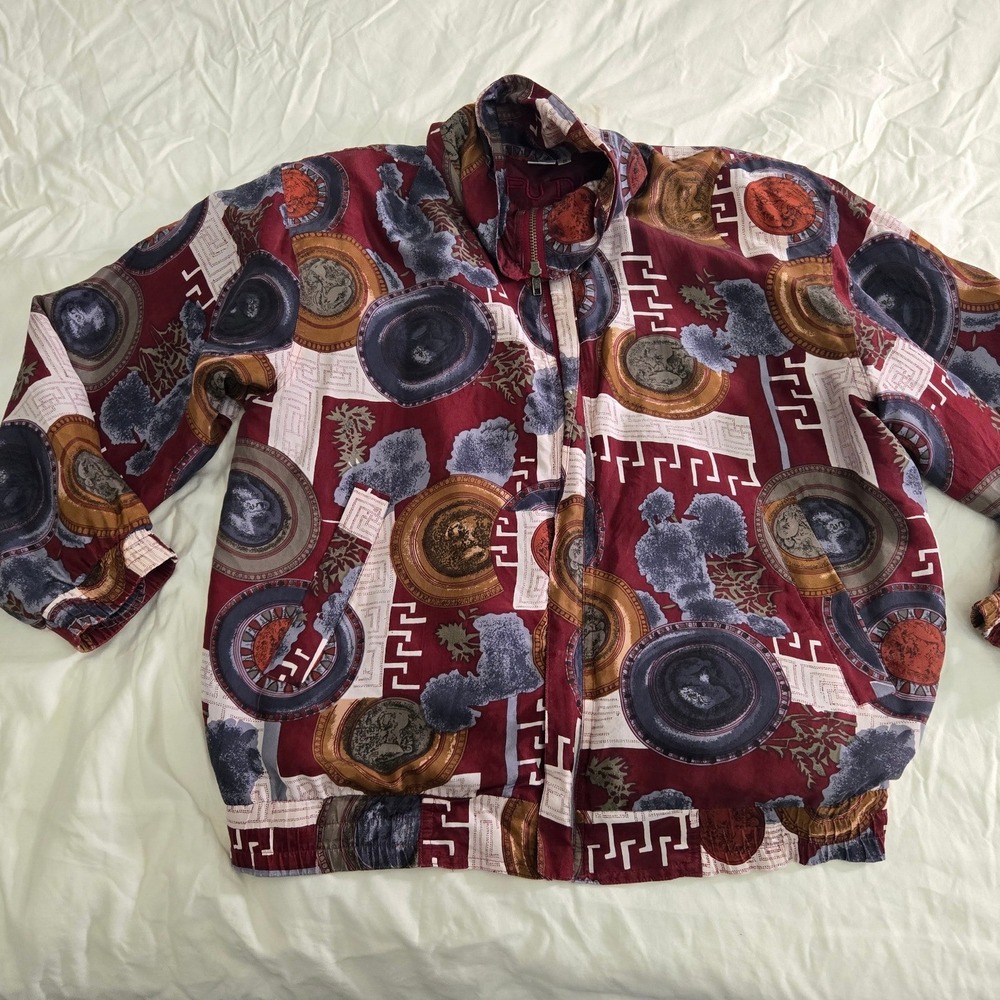 FU DA International Silk Bomber Jacket Small Burgundy Medallion Vintage - Picture 3 of 8